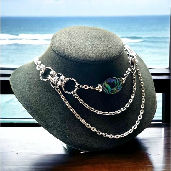 Handmade maille choker necklace iridescent blue green abalone shell charm boho - Picture 4 of 12